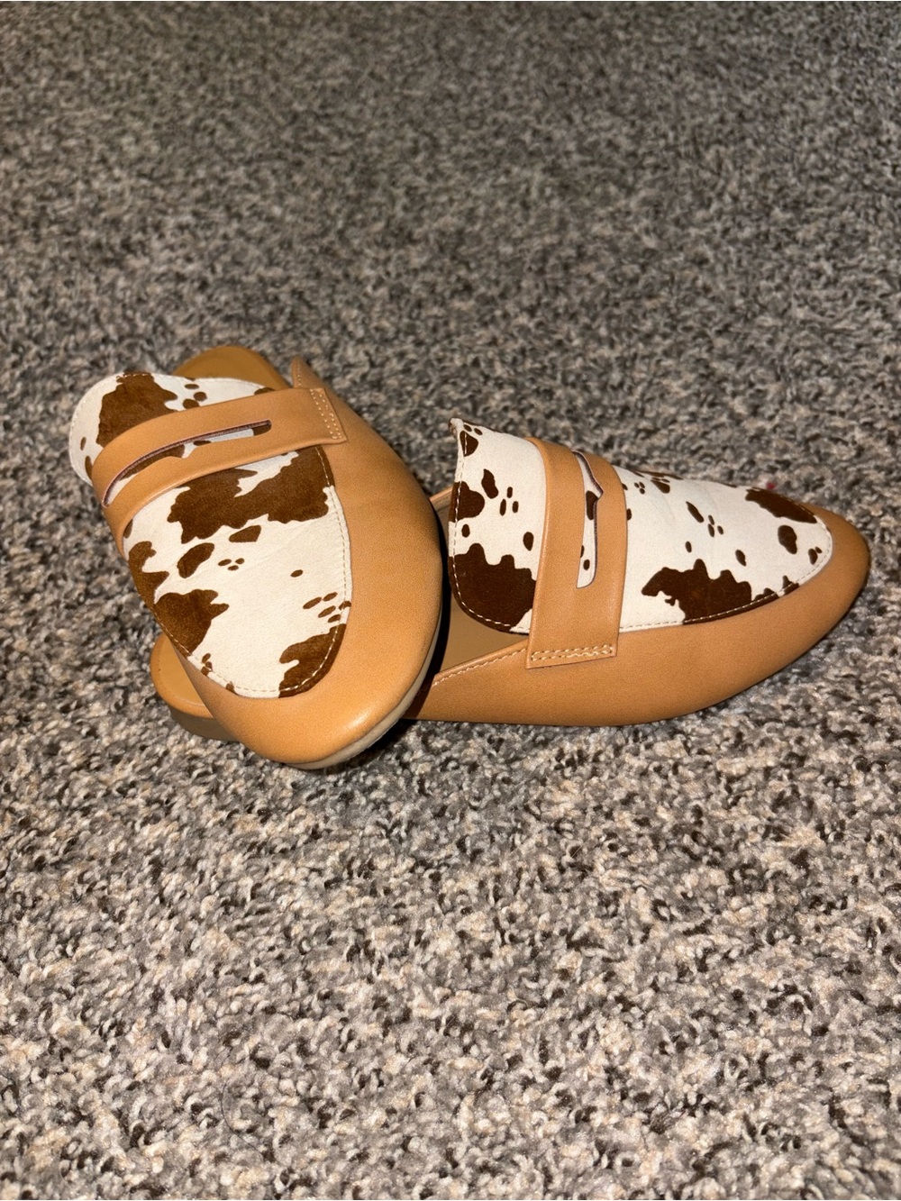 Tan and White Cowhide Penny Loafers